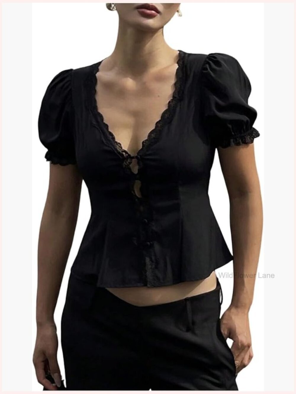 V Neck Puff Sleeve Peplum Blouse Lace Trim Tie Back Top